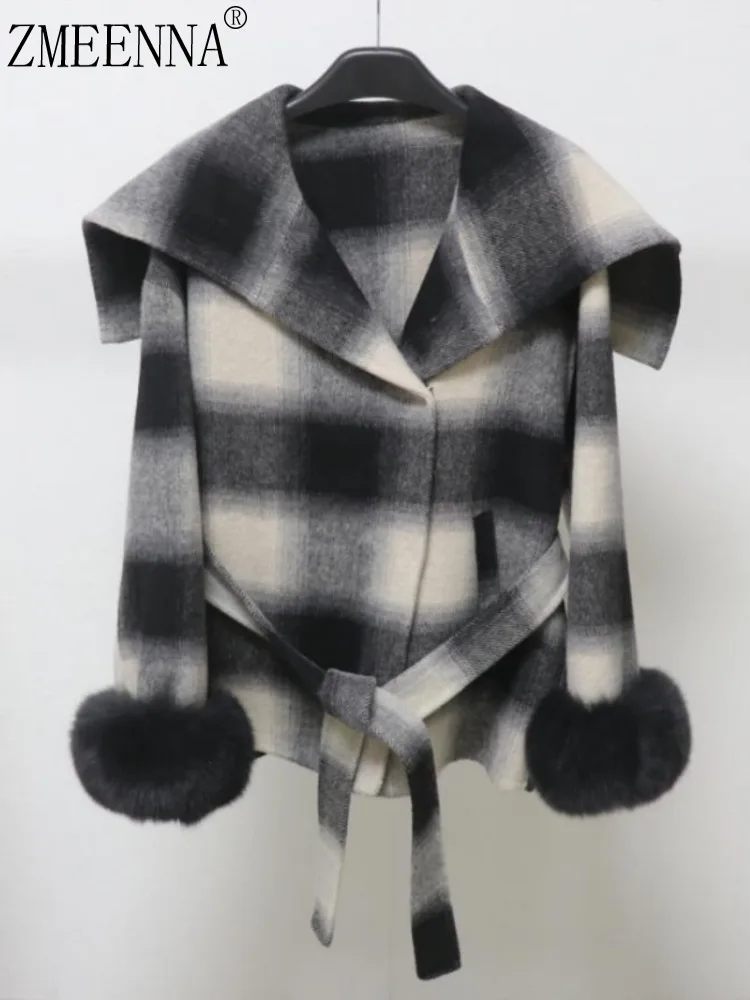 ZMEENNA Women's Black White Plaid Woolen Jacket Faux Fur Cuffs Belted Waist Shawl Collar Winter Fashion Outerwear ZM4172
ZMEENNA Women's Black White Plaid Woolen Jacket Faux Fur Cuffs Belted Waist Shawl Collar Winter Fashion Outerwear ZM4172