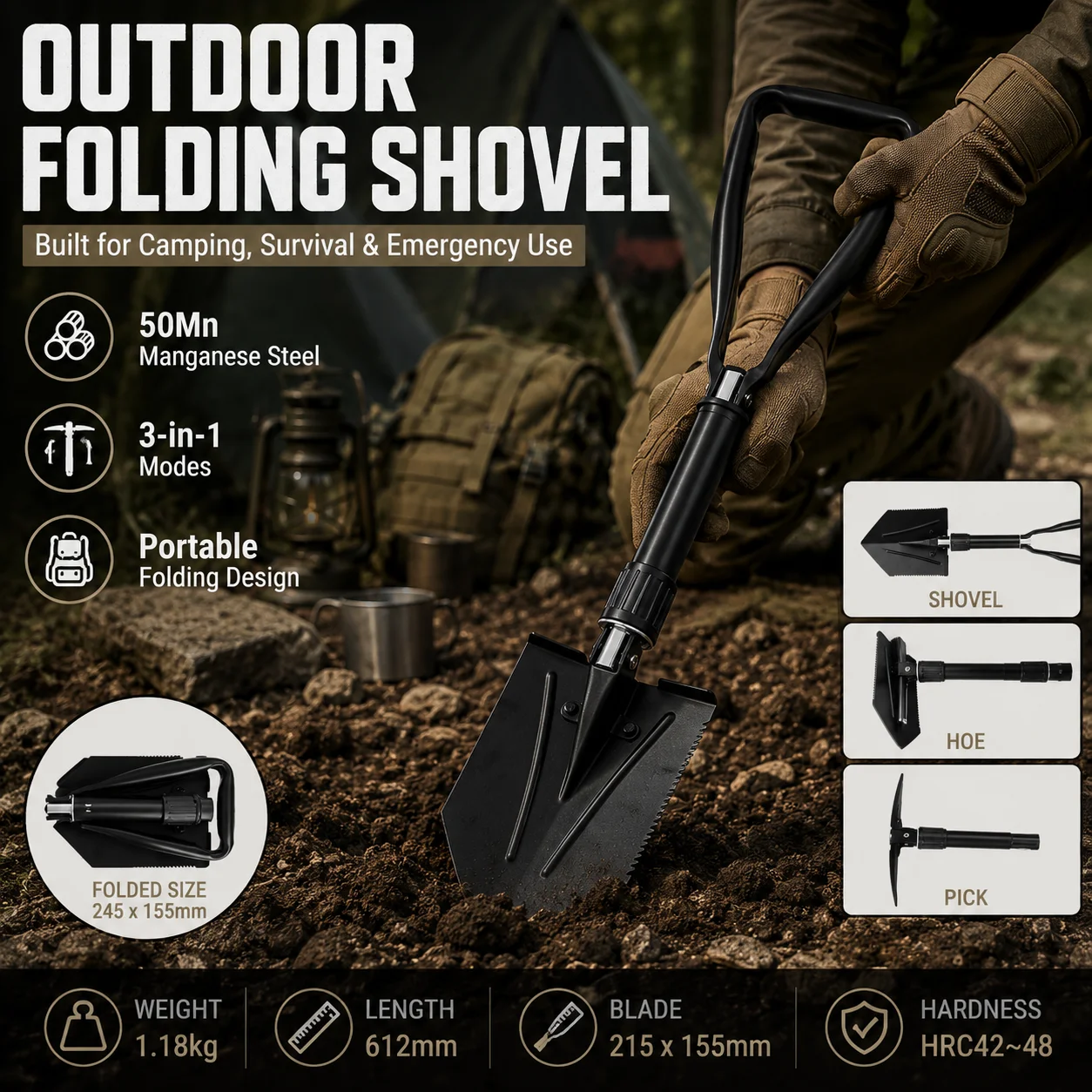 Outdoor Folding Shovel 50Mn Manganese Steel Camping Shovel 3in1 Tactical Spade Portable Entrenching Tool for Survival Emergency
Outdoor Folding Shovel 50Mn Manganese Steel Camping Shovel 3in1 Tactical Spade Portable Entrenching Tool for Survival Emergency
