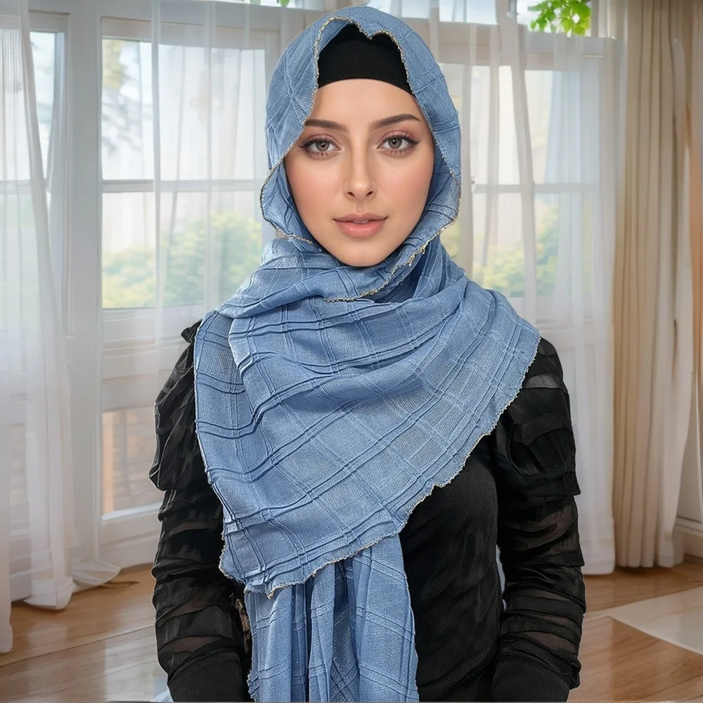 Fashion Shiny Silver Thread Polyester Scarf Hijab Wrinkled Plaid Headwrap Gold Edge Square Shape Shawl Headscarf For Muslim Lady
Fashion Shiny Silver Thread Polyester Scarf Hijab Wrinkled Plaid Headwrap Gold Edge Square Shape Shawl Headscarf For Muslim Lady