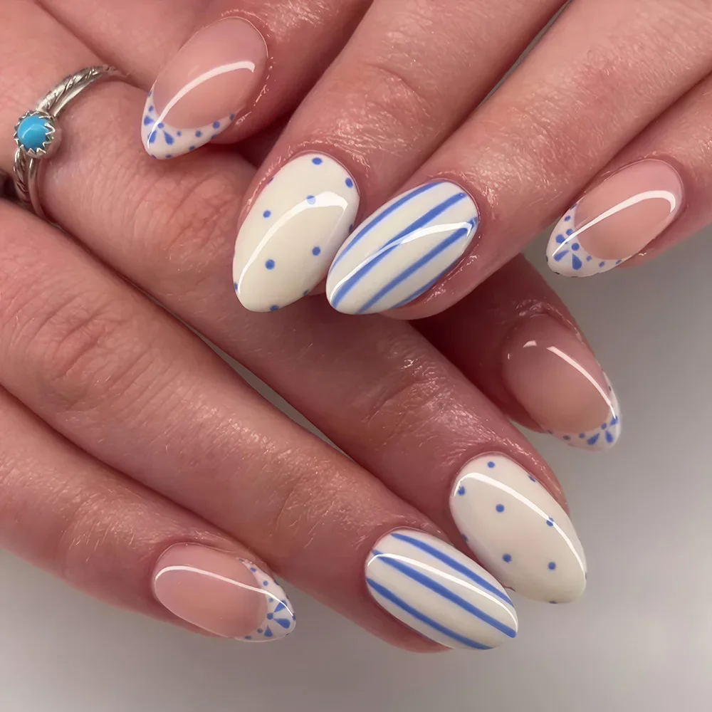 French Blue & White Striped Press On Nails, Almond Fake Nails, Polka Dot Removable Elegant False Nail Tips
French Blue & White Striped Press On Nails, Almond Fake Nails, Polka Dot Removable Elegant False Nail Tips
