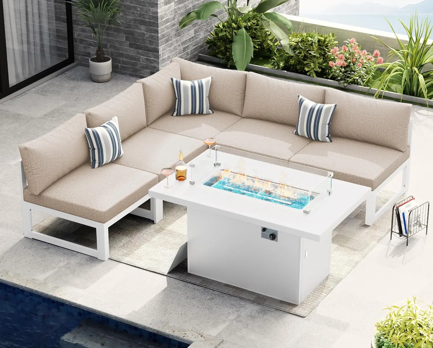 6 Piece Modern Extra-Large Aluminum Patio Furniture Set with Fire Pit Table Propane/Natural Gas, 29'' Deep Wide, Customized
6 Piece Modern Extra-Large Aluminum Patio Furniture Set with Fire Pit Table Propane/Natural Gas, 29'' Deep Wide, Customized