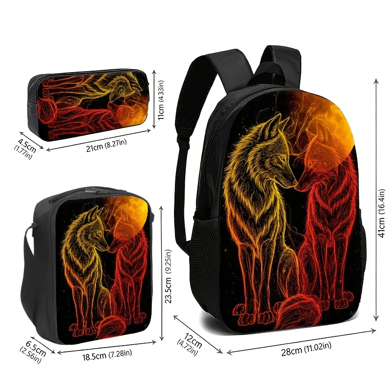 The Dual Wolf Firework-Themed Print Backpack And Accessory Set Features a Black Background with Fluorescent Red And Yellow Lines
The Dual Wolf Firework-Themed Print Backpack And Accessory Set Features a Black Background with Fluorescent Red And Yellow Lines
