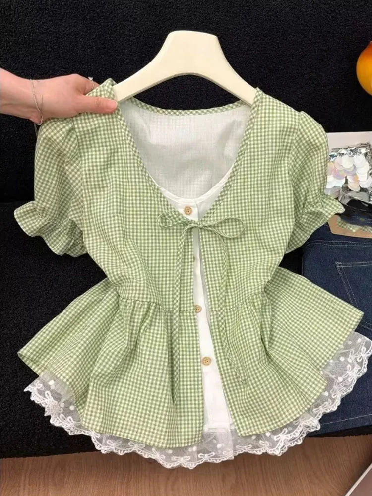 Fashion Sweet Blouses Fake Two Piece Plaid Bandage Lace Patchwork Contrast Color Shirts Summer All Match Tops Women's Clothing
Fashion Sweet Blouses Fake Two Piece Plaid Bandage Lace Patchwork Contrast Color Shirts Summer All Match Tops Women's Clothing