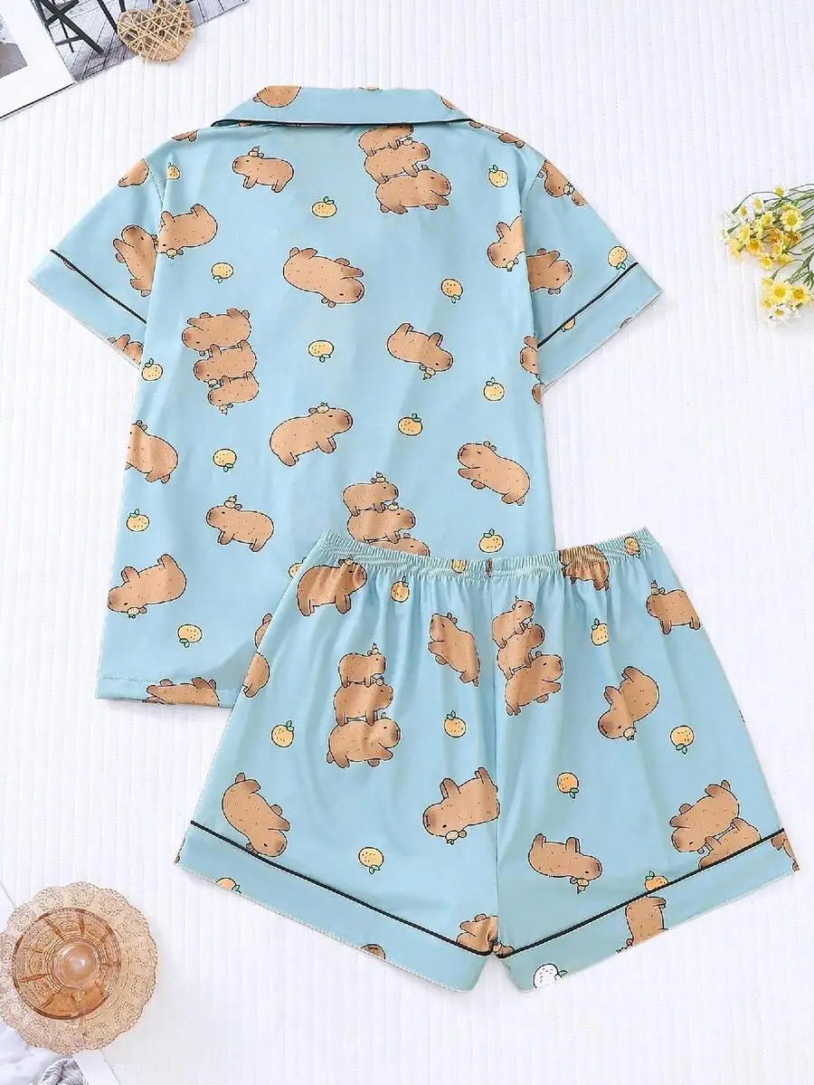 2pcs Cute Capybara Print Women Pajama Set Short Sleeve Lapel Collar Top Elastic Waist Shorts Light Blue
2pcs Cute Capybara Print Women Pajama Set Short Sleeve Lapel Collar Top Elastic Waist Shorts Light Blue