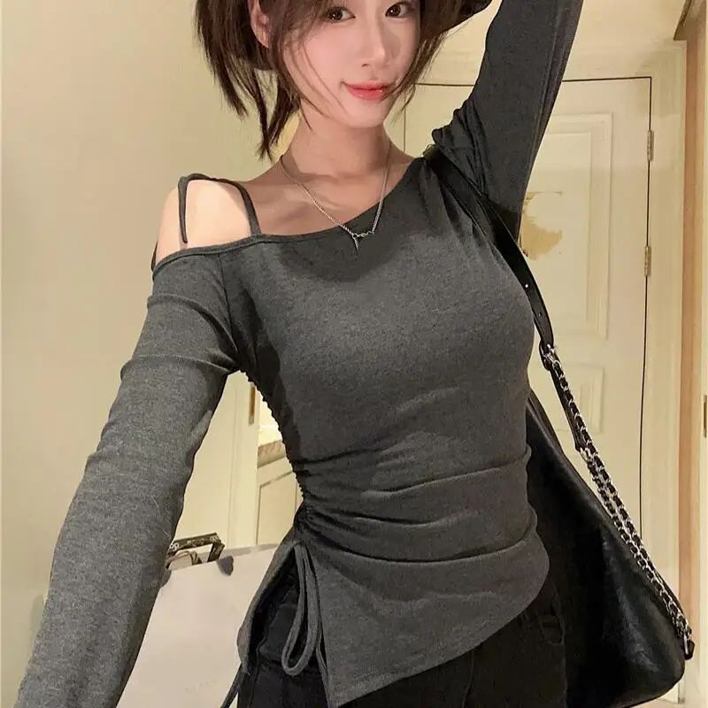 Sexy lace up off shoulder long sleeved T-shirt for women, versatile for spring and summer, pure desire, irregular drawstring top
Sexy lace up off shoulder long sleeved T-shirt for women, versatile for spring and summer, pure desire, irregular drawstring top