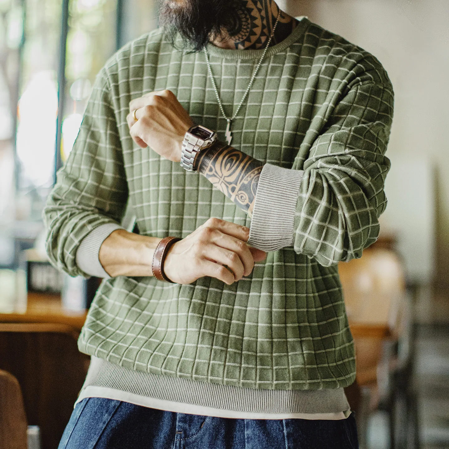 Maden Men's Vintage Plaid Crew Neck Sweatshirt Green Pullover Casual Spring Outerwear Long Sleeve Winter Layering T-shirt Top
Maden Men's Vintage Plaid Crew Neck Sweatshirt Green Pullover Casual Spring Outerwear Long Sleeve Winter Layering T-shirt Top