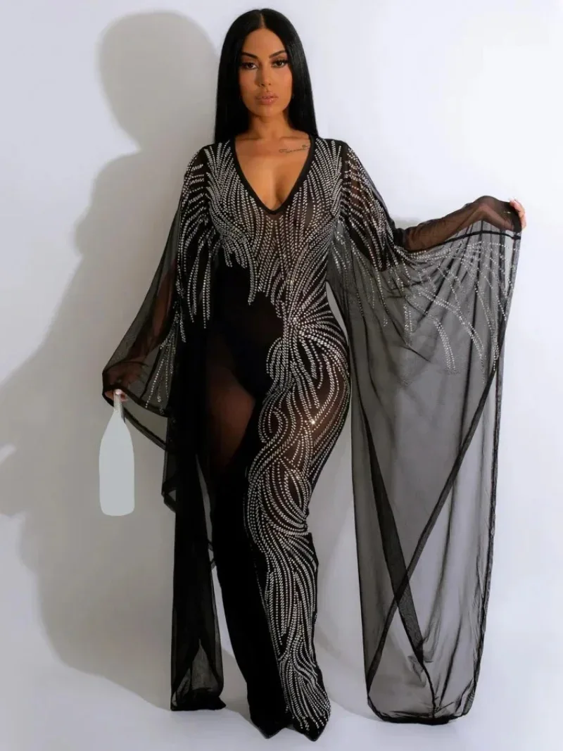 GUWU Luxe Crystal Rhinestones Mesh Jumpsuit Women Sexy See Through V Neck Big Clock Flare Long Sleeve Club Party Romper Overalls
GUWU Luxe Crystal Rhinestones Mesh Jumpsuit Women Sexy See Through V Neck Big Clock Flare Long Sleeve Club Party Romper Overalls