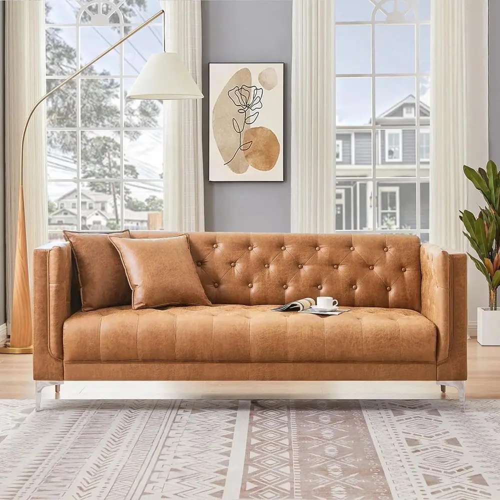 79 W Brown Faux Leather Sofa Couch with 2 Pillows, 3 Seater Couches for Living Room, Handmade Button Tufted Cushions and Metal
79 W Brown Faux Leather Sofa Couch with 2 Pillows, 3 Seater Couches for Living Room, Handmade Button Tufted Cushions and Metal