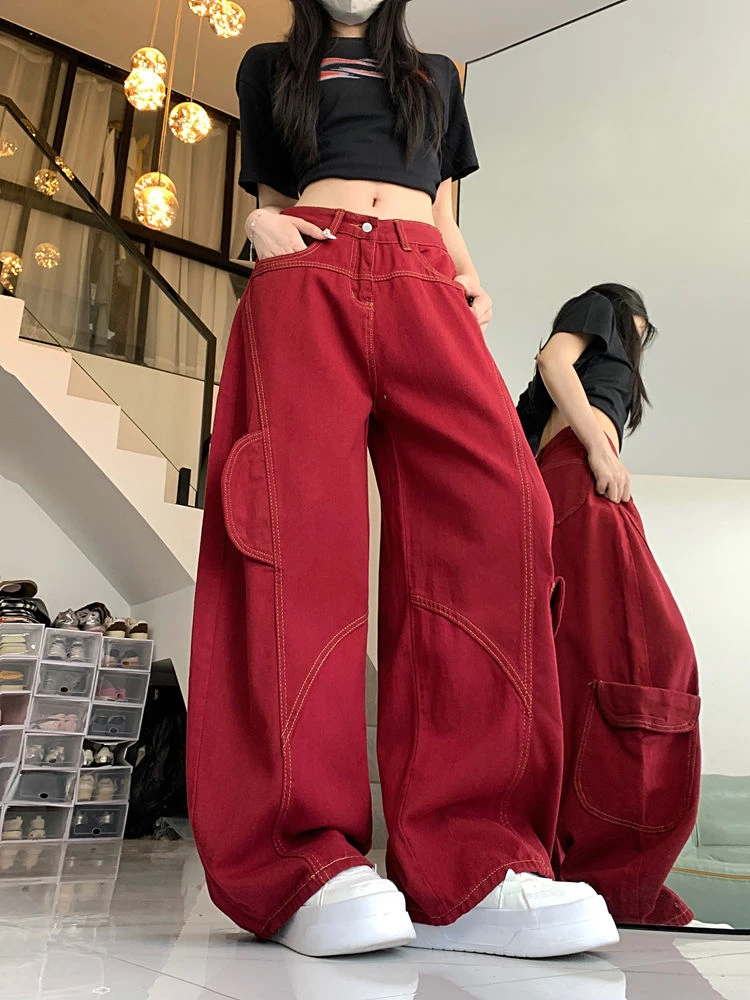 Women's Large Pocket Baggy Wide Leg Red Trousers Personalized Trousers Cool Girl Casual Bottoms Female Curved Denim Pants
Women's Large Pocket Baggy Wide Leg Red Trousers Personalized Trousers Cool Girl Casual Bottoms Female Curved Denim Pants