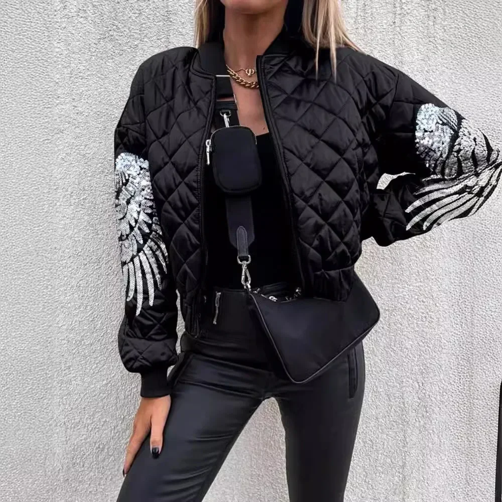 Shinny Sequin Wings Pattern Puffer Jacket Winter Zip Up Warm Quilted Coats Women Autumn Winter Jackets
Shinny Sequin Wings Pattern Puffer Jacket Winter Zip Up Warm Quilted Coats Women Autumn Winter Jackets