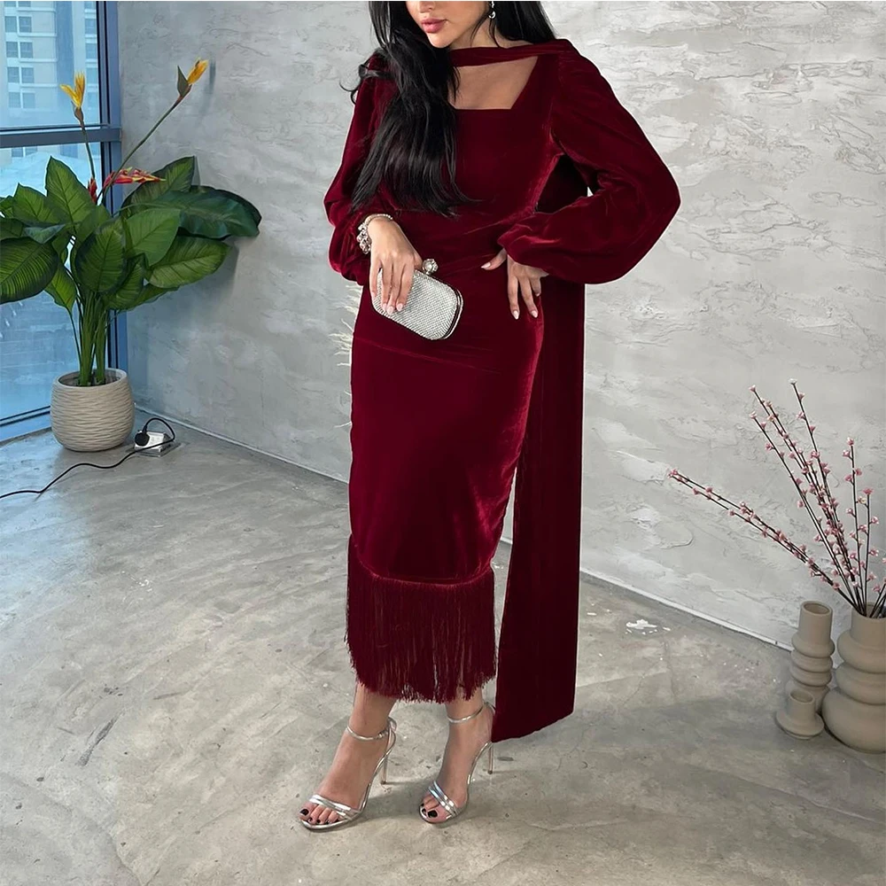 Customized Classic Pleats Tassel Watteau Train Square Neck Evening Dress Graceful Straight Velvet Long Sleeves Party Gown
Customized Classic Pleats Tassel Watteau Train Square Neck Evening Dress Graceful Straight Velvet Long Sleeves Party Gown