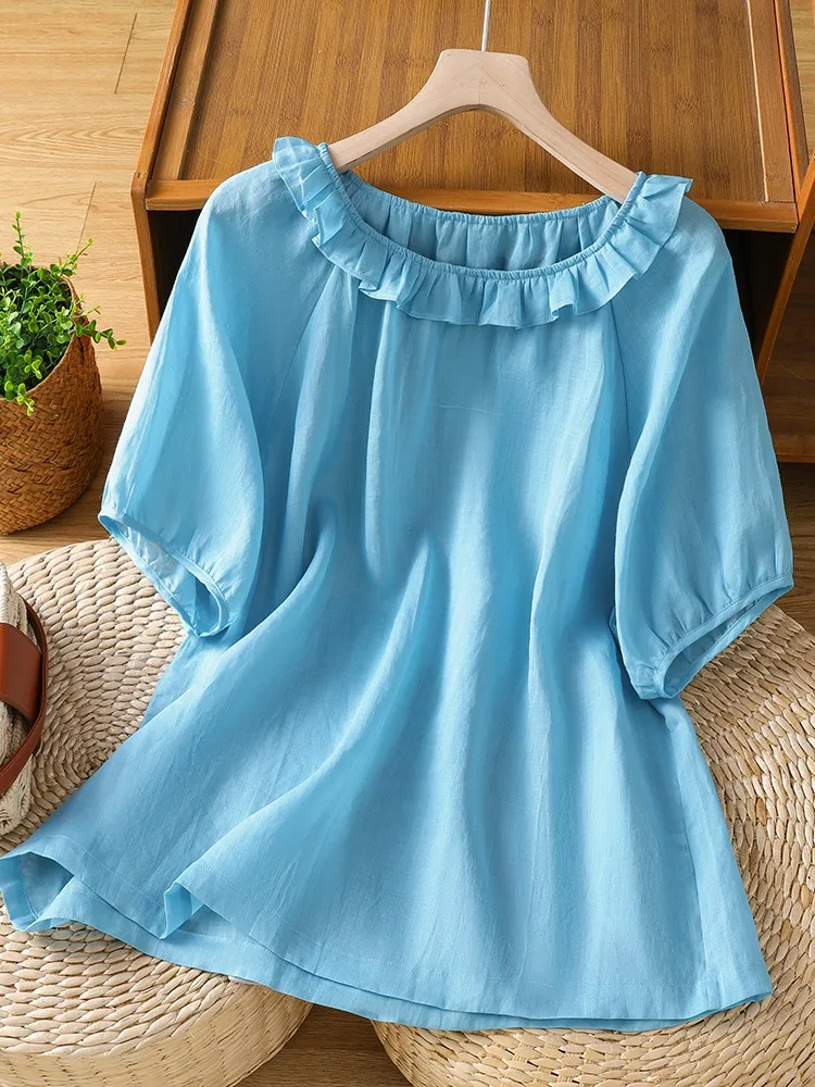 Linen Design round Neck Shirt Women Summer Thin Comfortable Overhead Top Age-Defying Gored Skirt Style Bubble Sleeve Blouse
Linen Design round Neck Shirt Women Summer Thin Comfortable Overhead Top Age-Defying Gored Skirt Style Bubble Sleeve Blouse