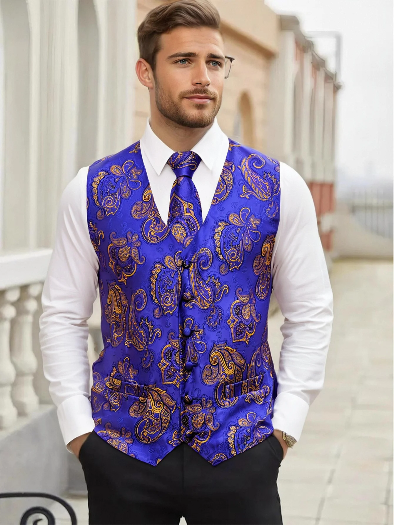 Formal Golden Jacqaurd Paisley Mens Vest Party Wedding Waistcoat Red Pink Pocket Square Tie Suit Set
Formal Golden Jacqaurd Paisley Mens Vest Party Wedding Waistcoat Red Pink Pocket Square Tie Suit Set