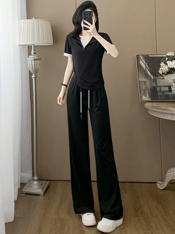 High-End Black Casual Sportswear Set Women Summer Design Slim Fit Short Sleeve Top Wide Leg Pants Two-Piece Set Cotton Material
High-End Black Casual Sportswear Set Women Summer Design Slim Fit Short Sleeve Top Wide Leg Pants Two-Piece Set Cotton Material