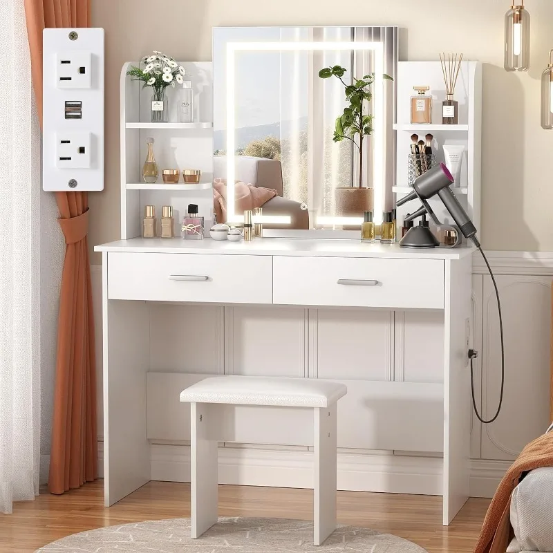 Vanity with Lighted Mirror,Makeup Desk with Power Outlet,Vanity Table with 6 Storage Shelves,2 Large Drawers and Cushioned Stool
Vanity with Lighted Mirror,Makeup Desk with Power Outlet,Vanity Table with 6 Storage Shelves,2 Large Drawers and Cushioned Stool