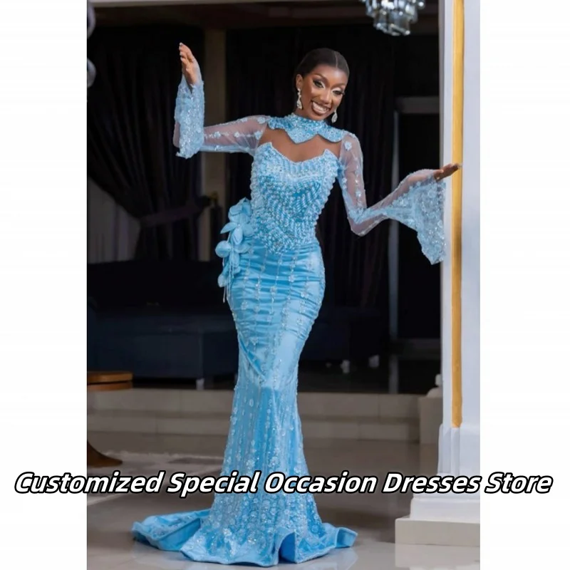 African Blue High Neck Long Sleeves Evening Dresses For Nigerian Girls Luxury Sequin Applique Prom Gowns Party Dress Customized
African Blue High Neck Long Sleeves Evening Dresses For Nigerian Girls Luxury Sequin Applique Prom Gowns Party Dress Customized