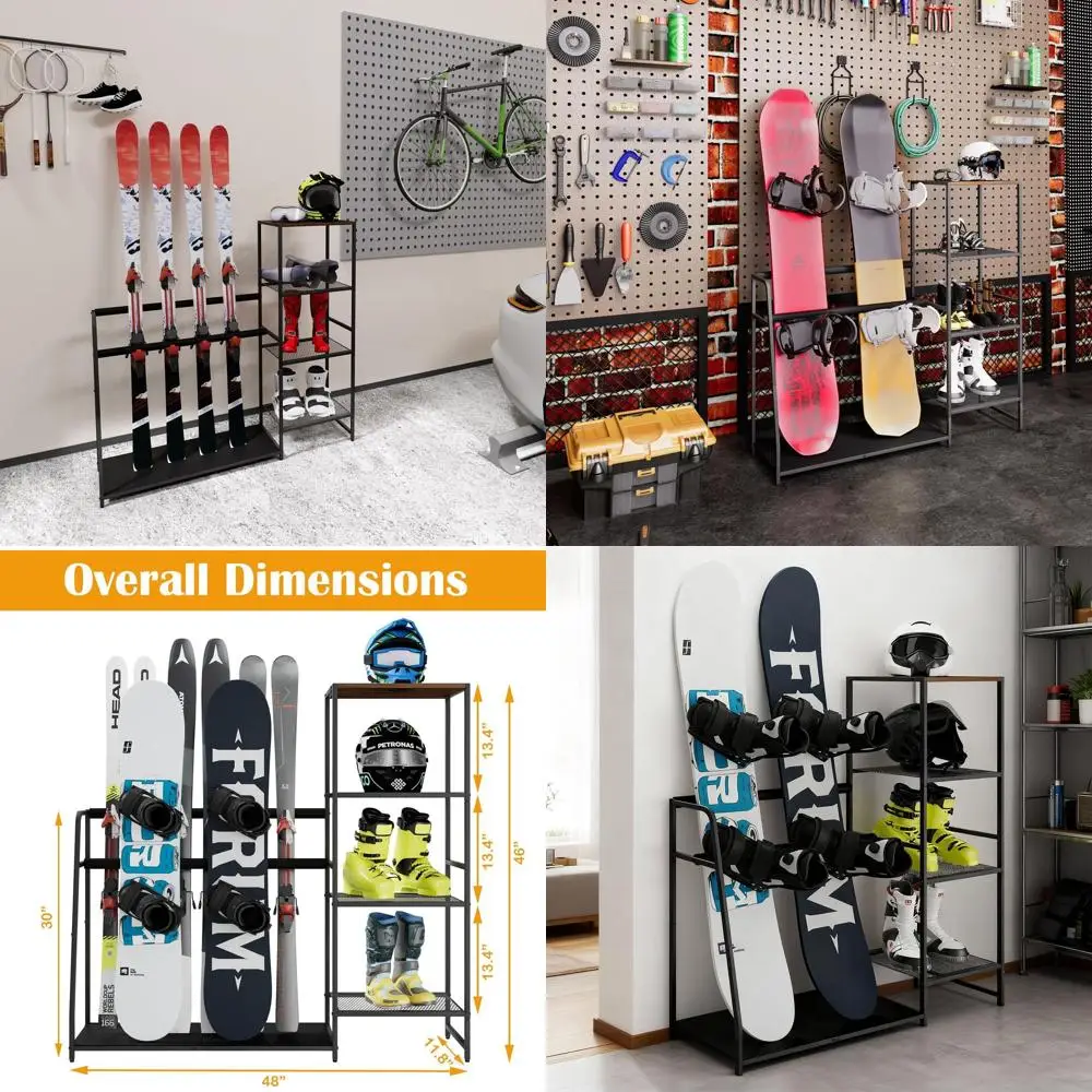 Ski Rack for 4 Skis, 3 Snowboards, Boot Storage, Holds Gear - Perfect for Enthusiasts' Spaces
Ski Rack for 4 Skis, 3 Snowboards, Boot Storage, Holds Gear - Perfect for Enthusiasts' Spaces
