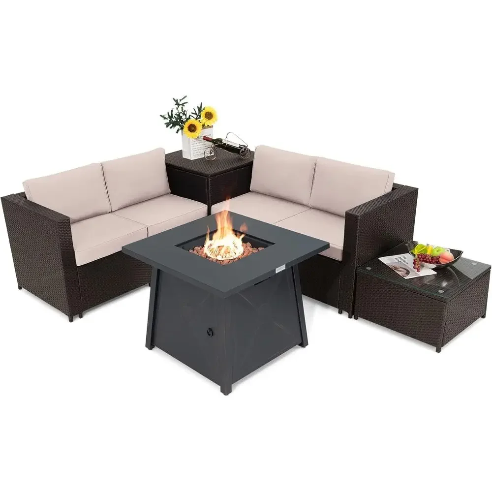 5-Piece Patio Furniture Set with Propane Fire Pit, Wicker Sectional with Cushions, Storage, and Glass Coffee Table
5-Piece Patio Furniture Set with Propane Fire Pit, Wicker Sectional with Cushions, Storage, and Glass Coffee Table