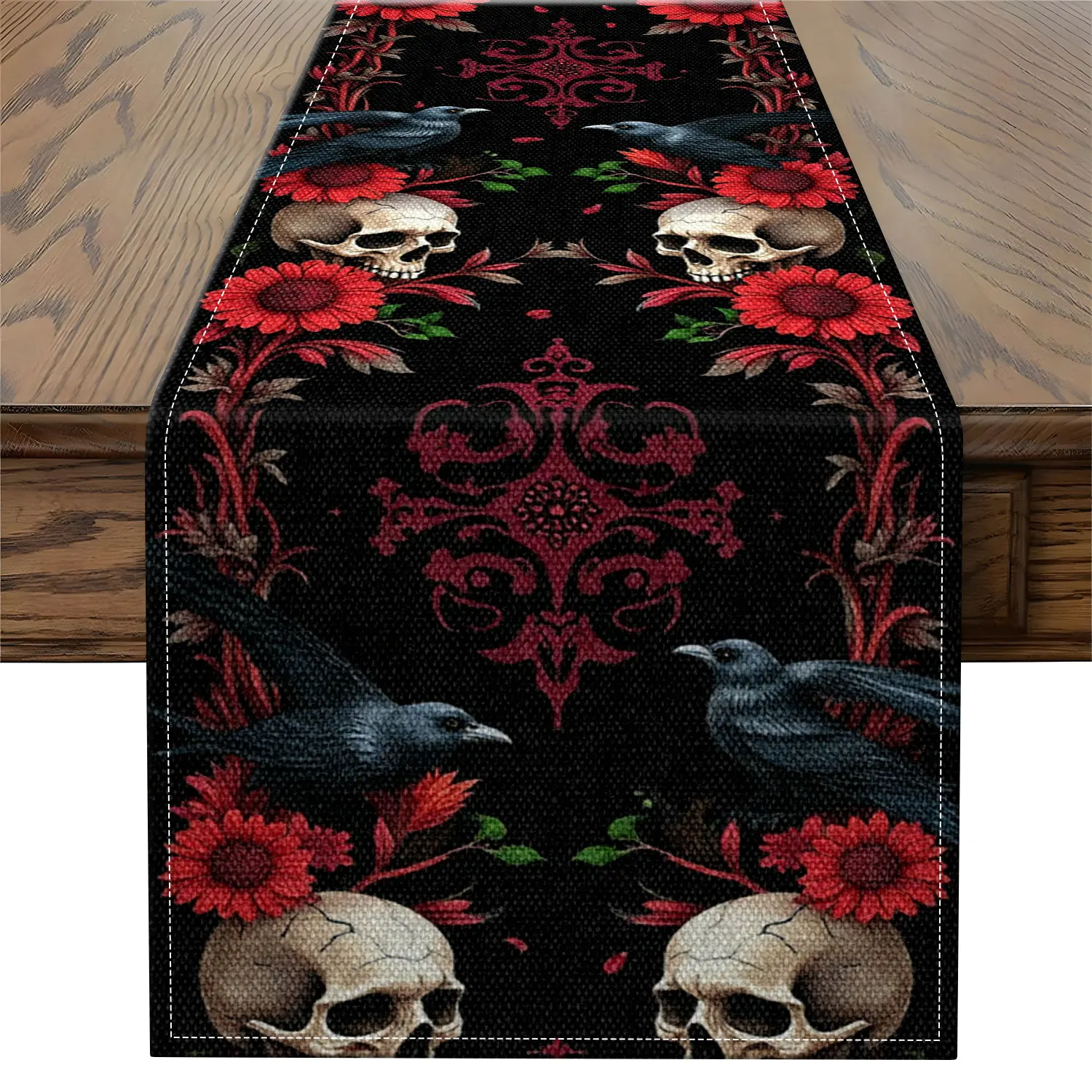 1 Piece of Dark Skull and Crow Themed Table Runner with Skull Crow and Red Flower Patterns, Suitable for Gothic Spaces and Dark Parties
1 Piece of Dark Skull and Crow Themed Table Runner with Skull Crow and Red Flower Patterns, Suitable for Gothic Spaces and Dark Parties