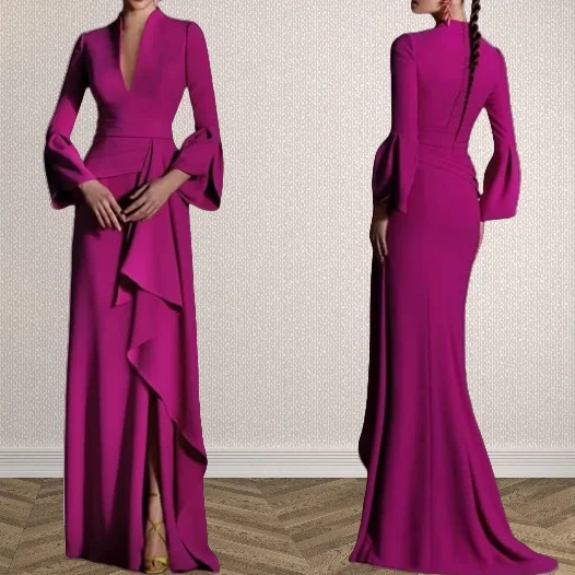 Русалка/Труба Вечернее платье Элегантное платье Формальный свадебный гость с скользящим шлейфом Длинный рукав V-образный вырез со складками на пуговицах 2024
Русалка/Труба Вечернее платье Элегантное платье Формальный свадебный гость с скользящим шлейфом Длинный рукав V-образный вырез со складками на пуговицах 2024