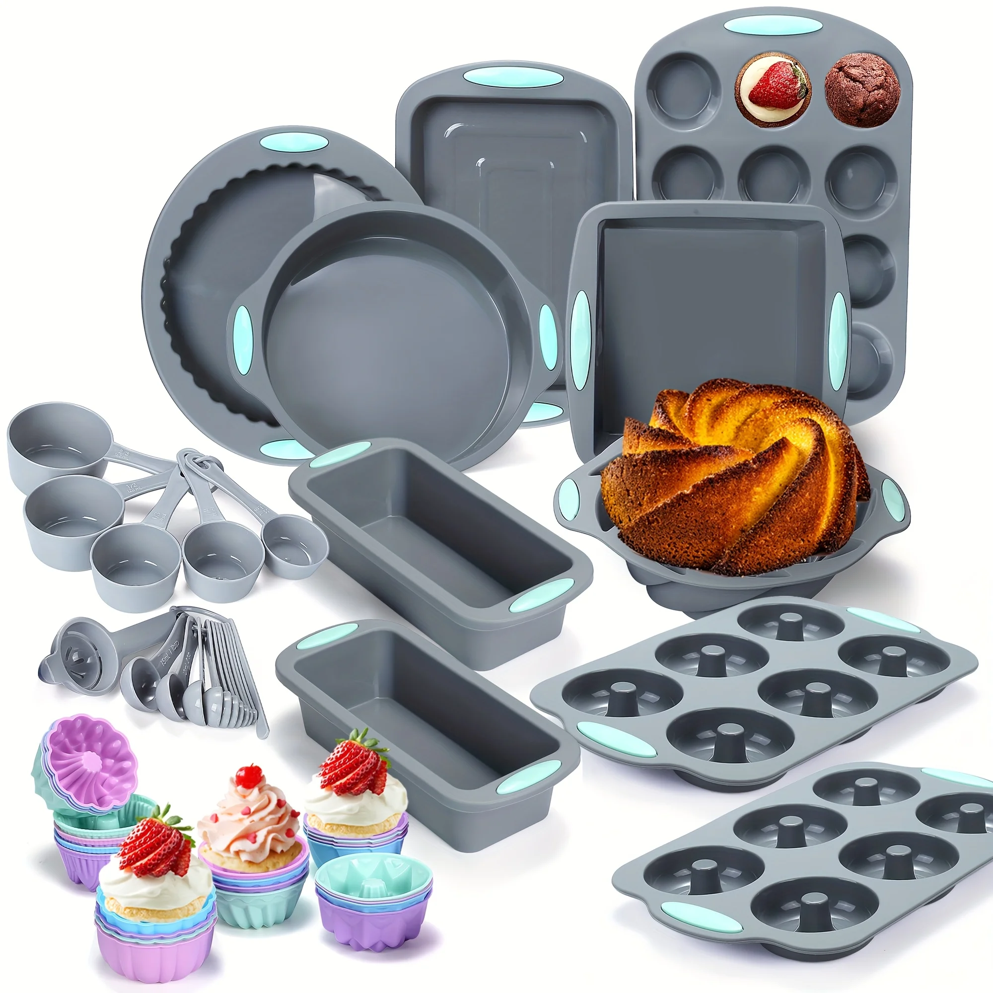 51/46 Pieces Silicone Bakeware Set, Non-Stick Kitchen Oven Baking Pans, Silicone Cake Molds with Muffin Pan, Cookies Baking Sheet, Cake Pan, Donut Pan and Loaf Pan with 24 Pack Silicone Baking Cups, 17pcs Measuring Cups and Spoons Set
51/46 Pieces Silicone Bakeware Set, Non-Stick Kitchen Oven Baking Pans, Silicone Cake Molds with Muffin Pan, Cookies Baking Sheet, Cake Pan, Donut Pan and Loaf Pan with 24 Pack Silicone Baking Cups, 17pcs Measuring Cups and Spoons Set