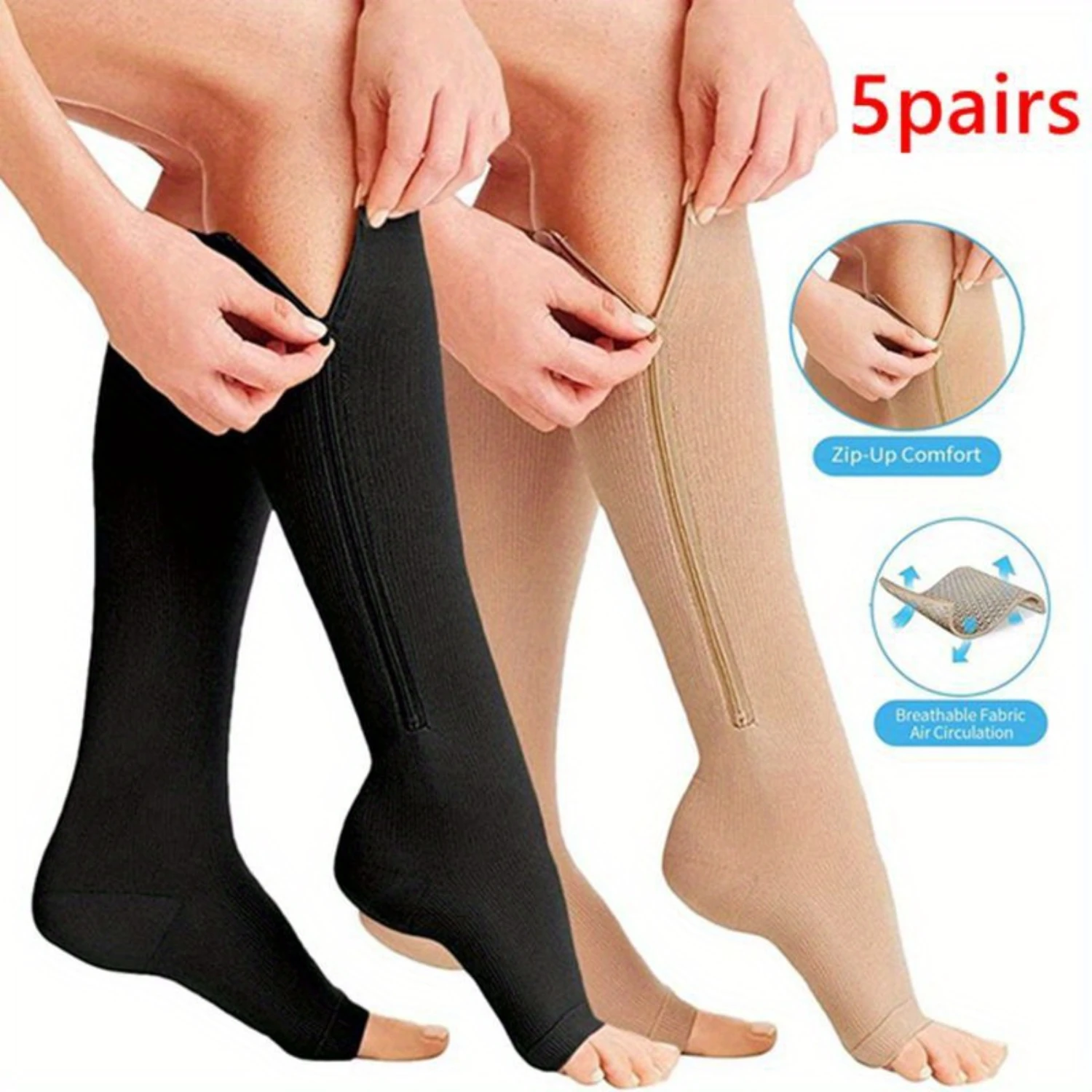 5 Pair Zipper Compression Socks, Knee High Open Toe Support Socks, Breathable Comfort
5 Pair Zipper Compression Socks, Knee High Open Toe Support Socks, Breathable Comfort