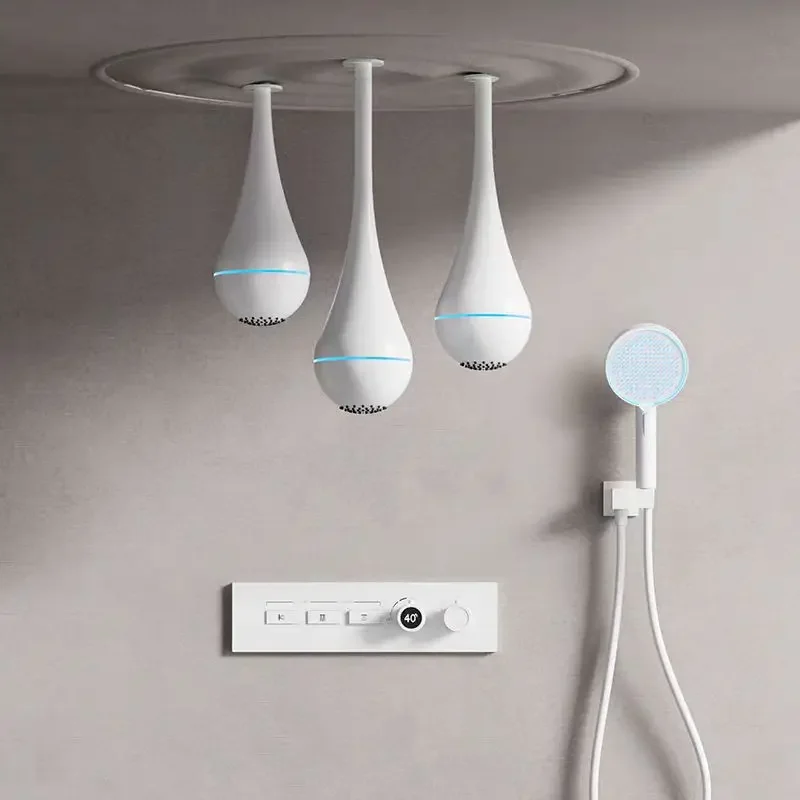 White Bathroom Pressurized Constant Temperature Shower Set Water Droplet Shaped Shower Head With Light
White Bathroom Pressurized Constant Temperature Shower Set Water Droplet Shaped Shower Head With Light