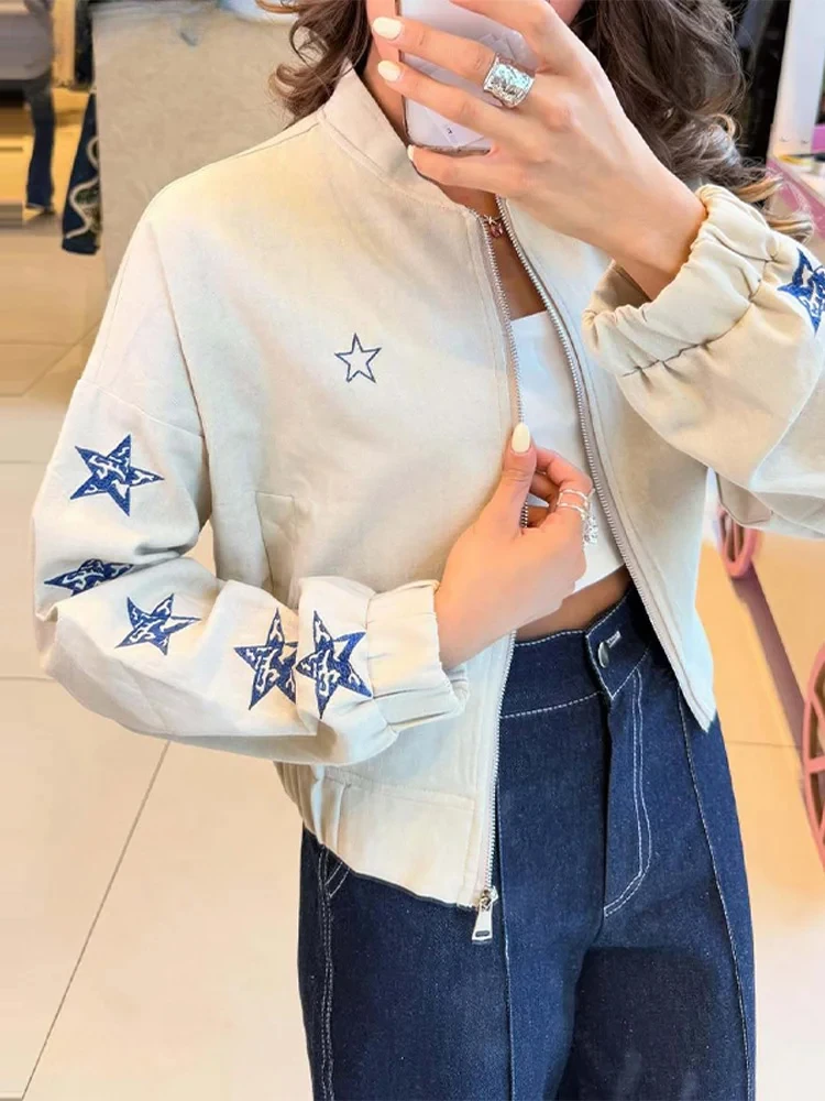 Casual Print Short Coats Women's Long Sleeve Stand Collar Pockets Zippers Jacket Spring Autumn New Lady Fashion Outerwear
Casual Print Short Coats Women's Long Sleeve Stand Collar Pockets Zippers Jacket Spring Autumn New Lady Fashion Outerwear