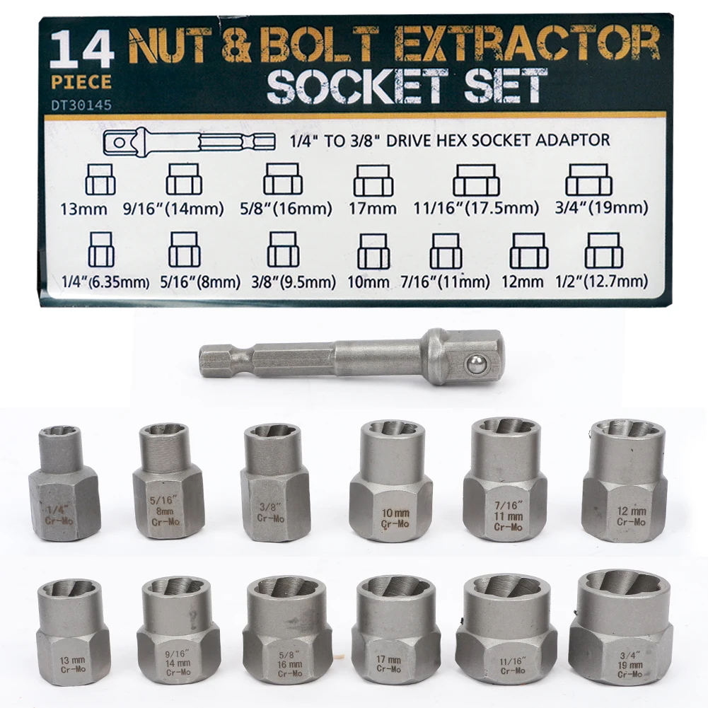 3/8” Drive Impact Bolt Nut Extractor Set 13 Pcs Lug Nut Remover Kit 1/4”-3/4” Twist Socket Tool Set with A 1/4” Hex Drive 3/8”
3/8” Drive Impact Bolt Nut Extractor Set 13 Pcs Lug Nut Remover Kit 1/4”-3/4” Twist Socket Tool Set with A 1/4” Hex Drive 3/8”