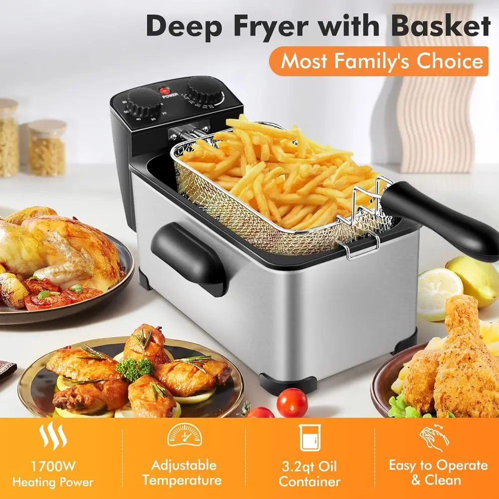 1700W Electric Deep Fryer with Basket, Lid, Viewing Window, Adjustable Timer and Temperature, Compact for Home Kitchen, Silver
1700W Electric Deep Fryer with Basket, Lid, Viewing Window, Adjustable Timer and Temperature, Compact for Home Kitchen, Silver