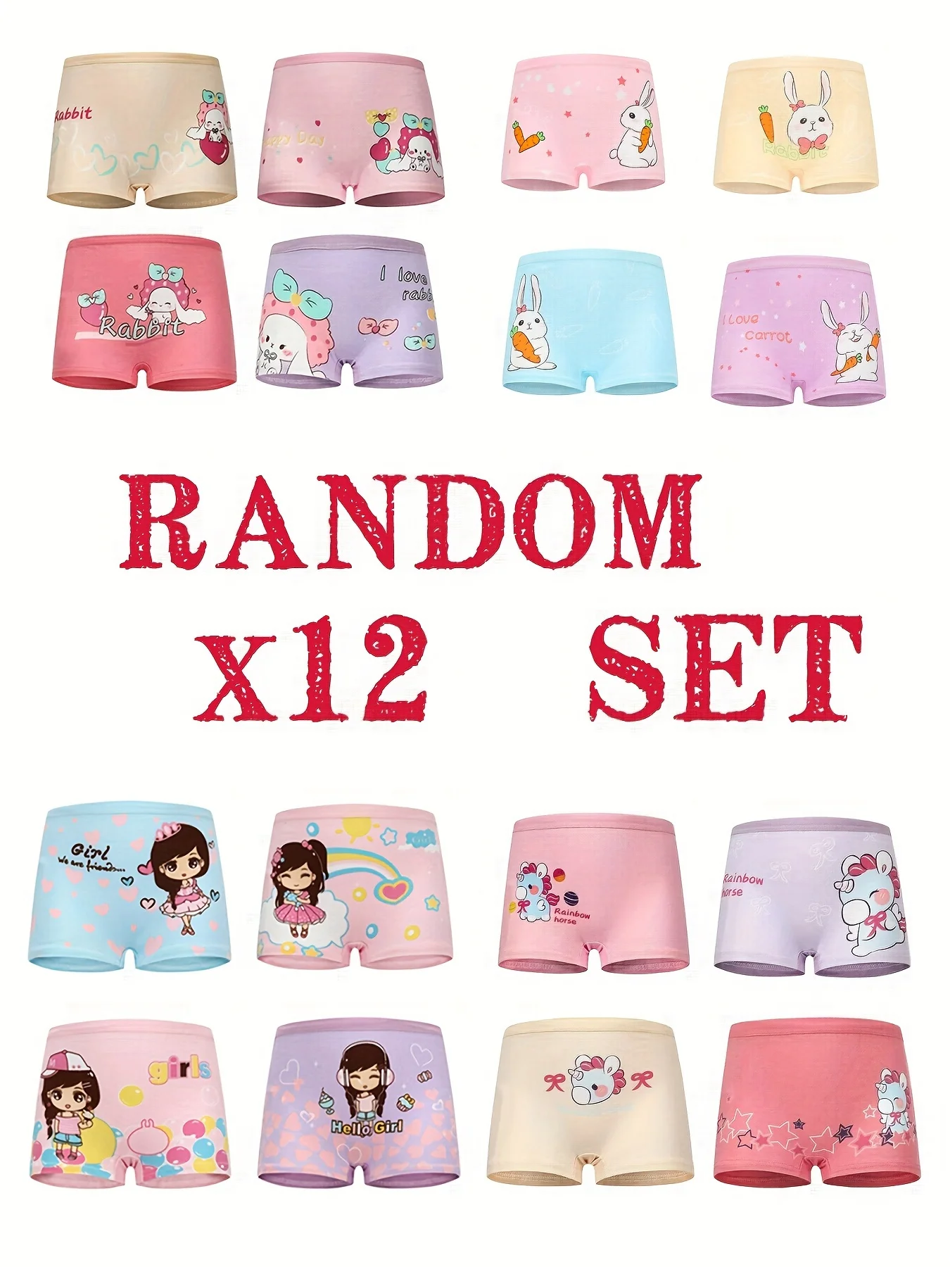 Random 12 pack girls cartoon cute underwear soft and comfortable flat corner shorts
Random 12 pack girls cartoon cute underwear soft and comfortable flat corner shorts
