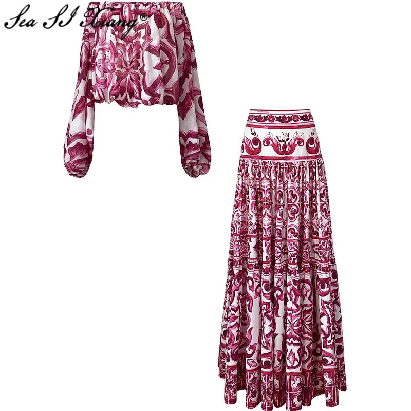 Seasixiang Fashion Early Autumn Suit Women Slash Neck Lantern Sleeve Loose Silk Tops + Cotton Skirt Print Holiday 2 Pieces Set
Seasixiang Fashion Early Autumn Suit Women Slash Neck Lantern Sleeve Loose Silk Tops + Cotton Skirt Print Holiday 2 Pieces Set