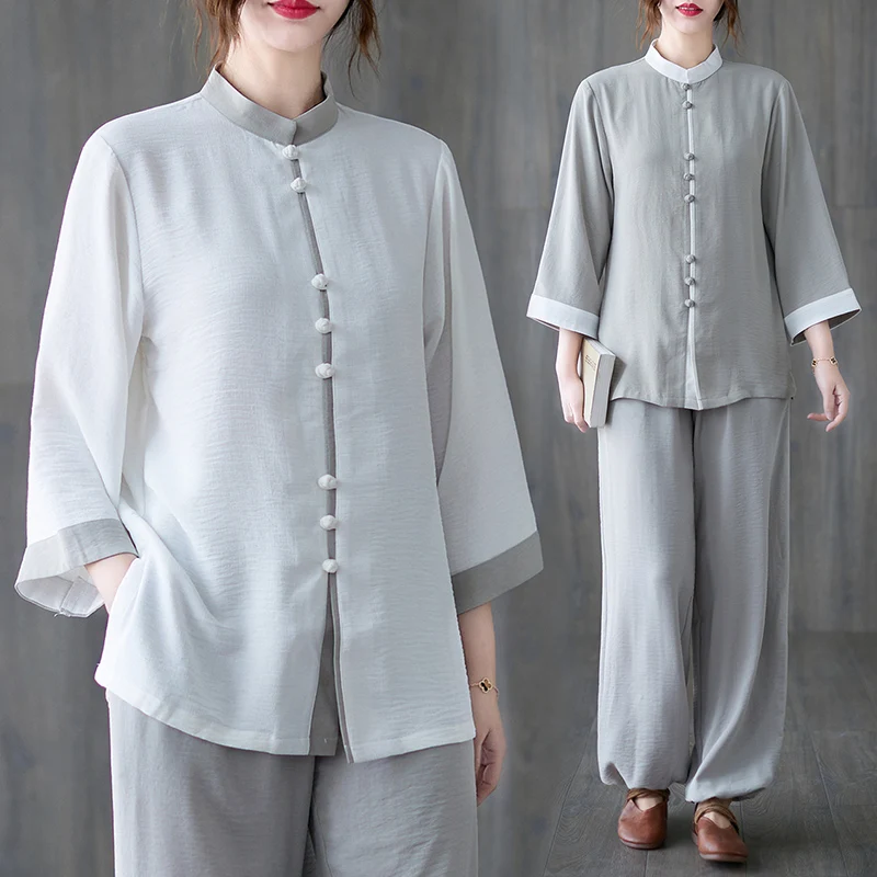 Модный комплект из хлопкового льна, круглый, в стиле пэчворк, прямые брюки с эластичной резинкой на талии, большие размеры, женский комплект из двух предметов, весенний 
Модный комплект из хлопкового льна, круглый, в стиле пэчворк, прямые брюки с эластичной резинкой на талии, большие размеры, женский комплект из двух предметов, весенний