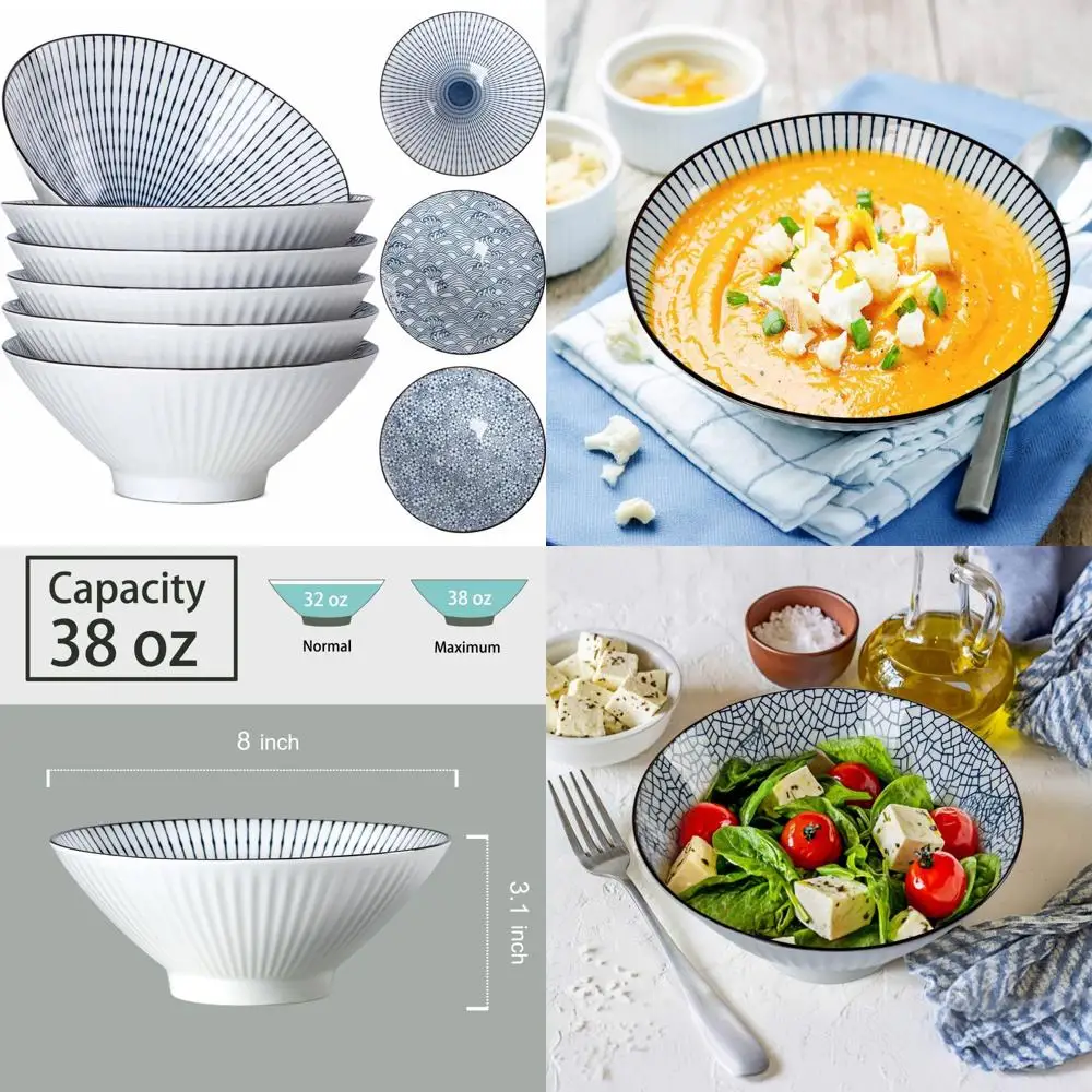 38 oz japanese ramen bowl set of 6 - large 8 inch ceramic soup bowls, blue and white japanese noodle bowls for pho, ramen, and s
38 oz japanese ramen bowl set of 6 - large 8 inch ceramic soup bowls, blue and white japanese noodle bowls for pho, ramen, and s