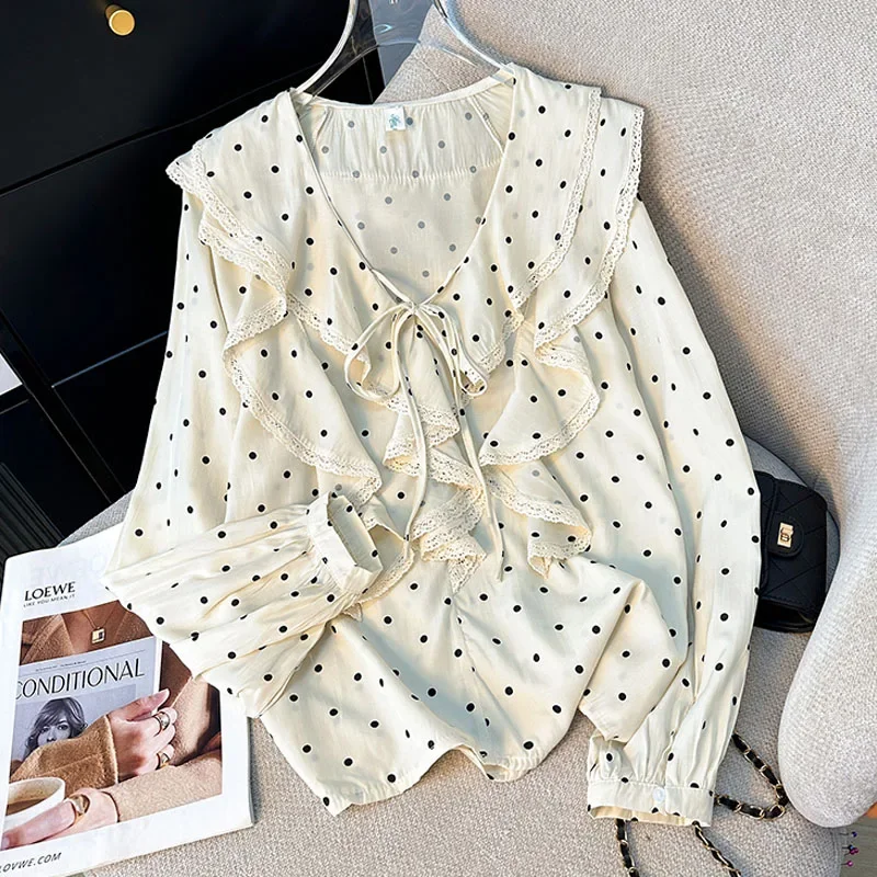 Women Blouse Shirt New Long Sleeve V-Neck Elegant Dot Lace-up Ruffles Blouse Shirt Women Tops Blouses Shirts Blusas Camisas Q523
Women Blouse Shirt New Long Sleeve V-Neck Elegant Dot Lace-up Ruffles Blouse Shirt Women Tops Blouses Shirts Blusas Camisas Q523