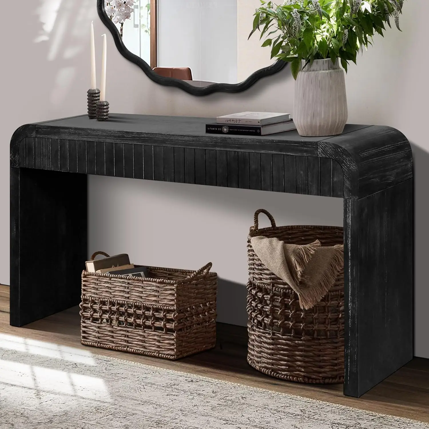 Unique Retro Curved Console Table With 2 Hidden Handle Drawers, Vintage 59'' Long Accent Entryway Table Sofa Table For Entrance
Unique Retro Curved Console Table With 2 Hidden Handle Drawers, Vintage 59'' Long Accent Entryway Table Sofa Table For Entrance