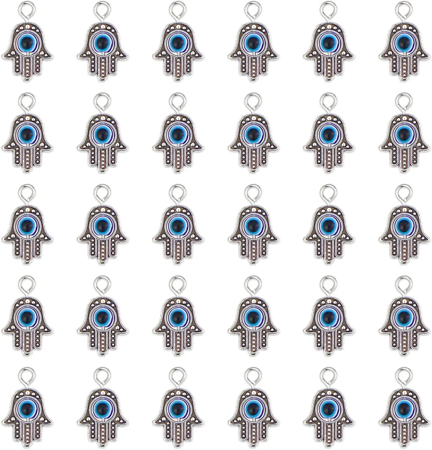 30PCS Antique Silver Hamsa Hand Evil Eye Bead of Fatima Symbol Charms Hamsa Hand Beads Frame Charms for Jewelry Making Findings
30PCS Antique Silver Hamsa Hand Evil Eye Bead of Fatima Symbol Charms Hamsa Hand Beads Frame Charms for Jewelry Making Findings