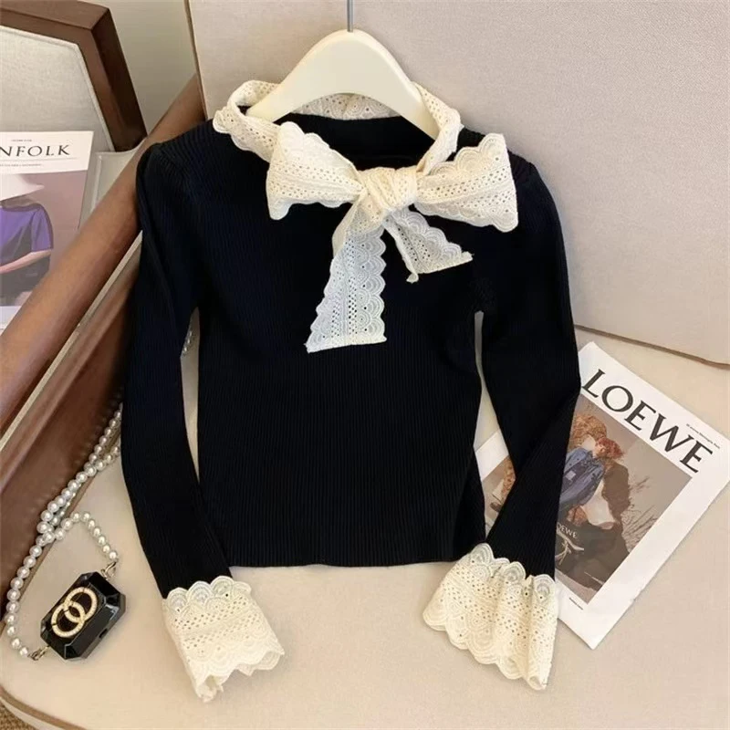Lace Splicing Knitted Sweater for Women Autumn Korean Elegant Bow Pullover Female Winter Half Turtleneck Slim Black Base Sweater
Lace Splicing Knitted Sweater for Women Autumn Korean Elegant Bow Pullover Female Winter Half Turtleneck Slim Black Base Sweater