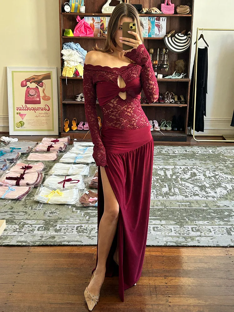 Lace Patchwork Hollow Out Sexy Maxi Dress Women Gown Off-shoulder Strapless Long Sleeve Backless Split Pleated Long Dress 2025
Lace Patchwork Hollow Out Sexy Maxi Dress Women Gown Off-shoulder Strapless Long Sleeve Backless Split Pleated Long Dress 2025