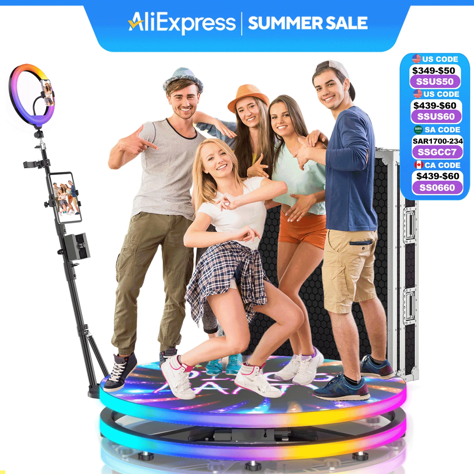 360 Photo Booth for Events with Flight Case Automatic 360 Photo Booth Machine with RGB Ring Light APP/Remote Control for Parties
360 Photo Booth for Events with Flight Case Automatic 360 Photo Booth Machine with RGB Ring Light APP/Remote Control for Parties