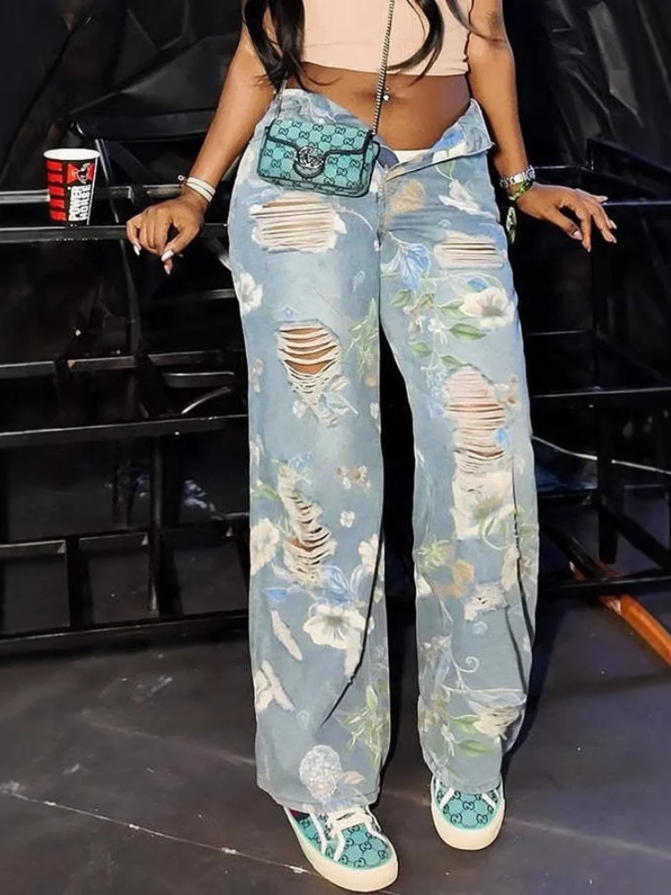 Sister Star Women's Pants Fashion Casual Commuting Versatile Floral Graffiti Printing Holes High Waist Loose Straight Jeans
Sister Star Women's Pants Fashion Casual Commuting Versatile Floral Graffiti Printing Holes High Waist Loose Straight Jeans