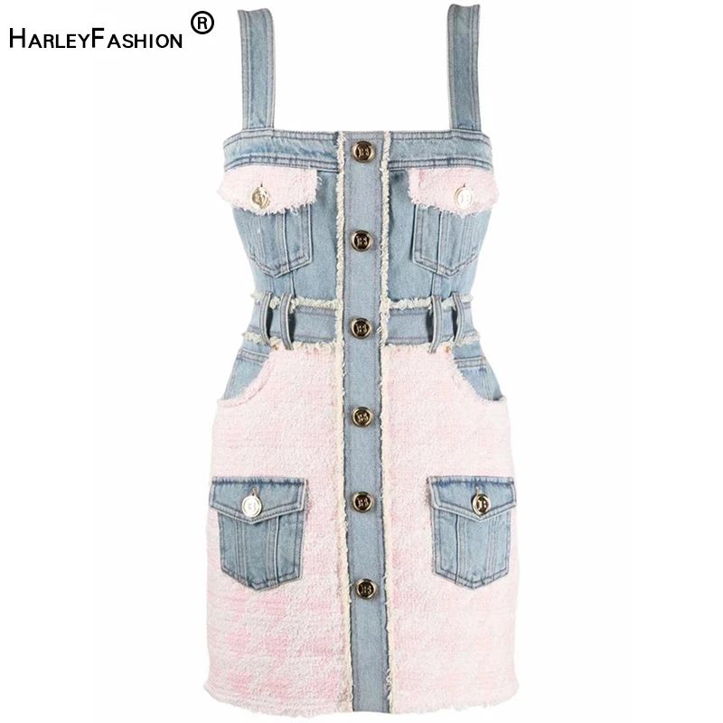 New Summer Luxury Denim Patchwork Spaghetti Strap Tweed Vest Mini Dress for Women
New Summer Luxury Denim Patchwork Spaghetti Strap Tweed Vest Mini Dress for Women