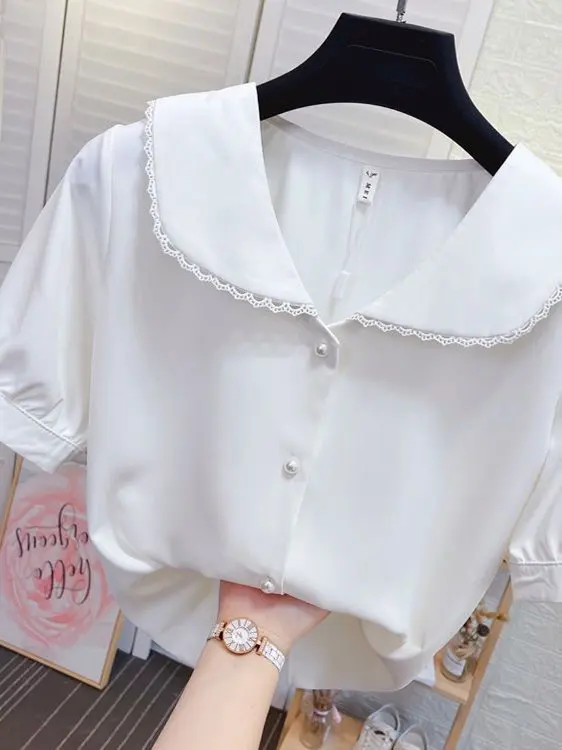 Fashionable Korean Style Short Sleeve Women's Shirt Baby Doll Collar Slimming Top Belly Covering Summer New Arrival
Fashionable Korean Style Short Sleeve Women's Shirt Baby Doll Collar Slimming Top Belly Covering Summer New Arrival