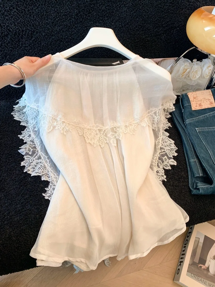 Elegant Lace Cloak Sleeveless Chiffon Shirt Women Summer Beautiful Loose Slimming Neck Hanging Shirt Personality Top
Elegant Lace Cloak Sleeveless Chiffon Shirt Women Summer Beautiful Loose Slimming Neck Hanging Shirt Personality Top