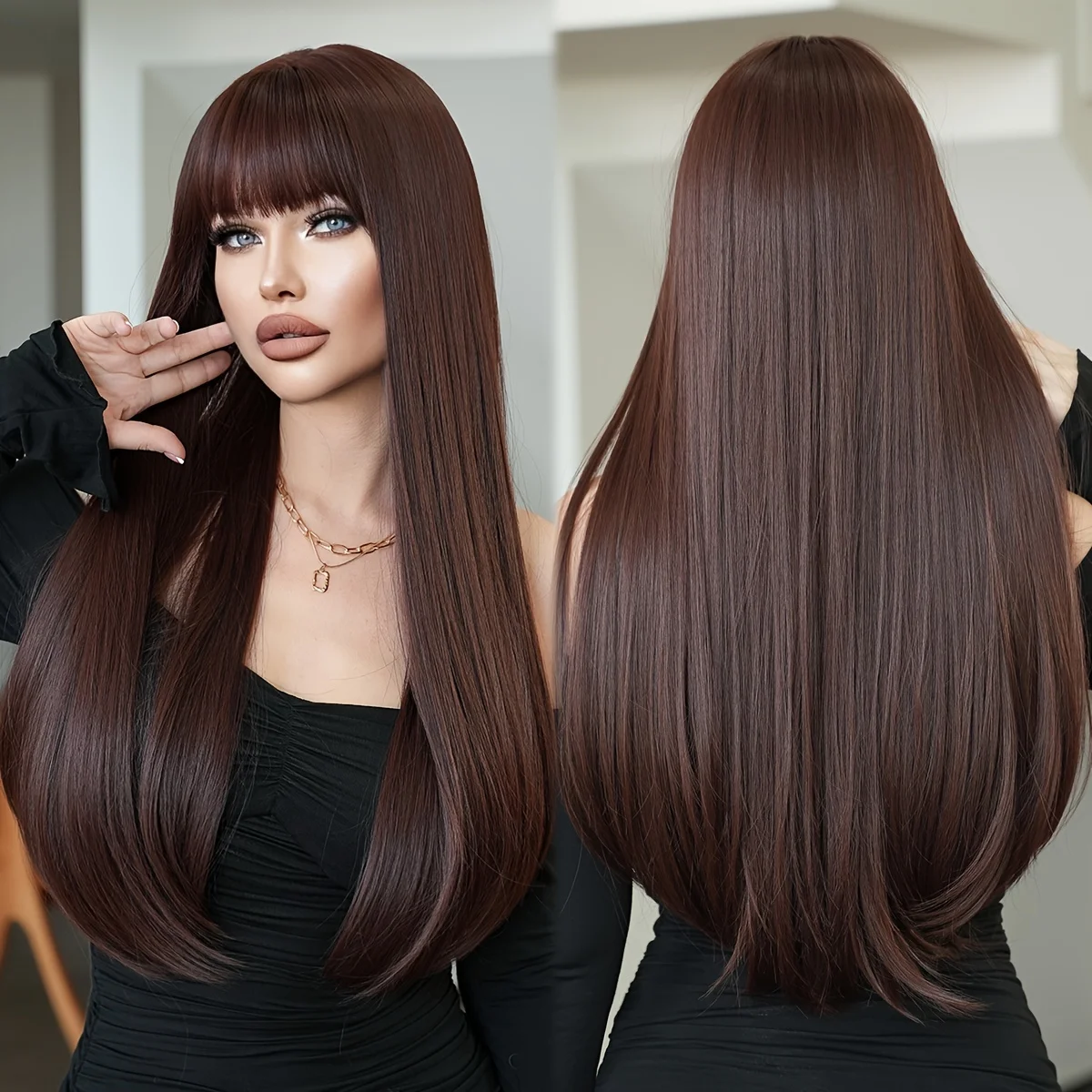 Long Straight Mocha Brown Wig for Women, High-Density Synthetic Reddish Brown Wig with Bangs for Daily Wear and Parties
Long Straight Mocha Brown Wig for Women, High-Density Synthetic Reddish Brown Wig with Bangs for Daily Wear and Parties