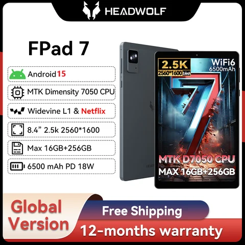 Headwolf FPad7 Tablet Android 15 da 8 pollici 2560x1600, 16 GB LPDDR5+256 GB UFS 3.1, 6500 mAh PD18W, fotocamera 8 MP/16 MP, SIM 4G LTE WiFi 6