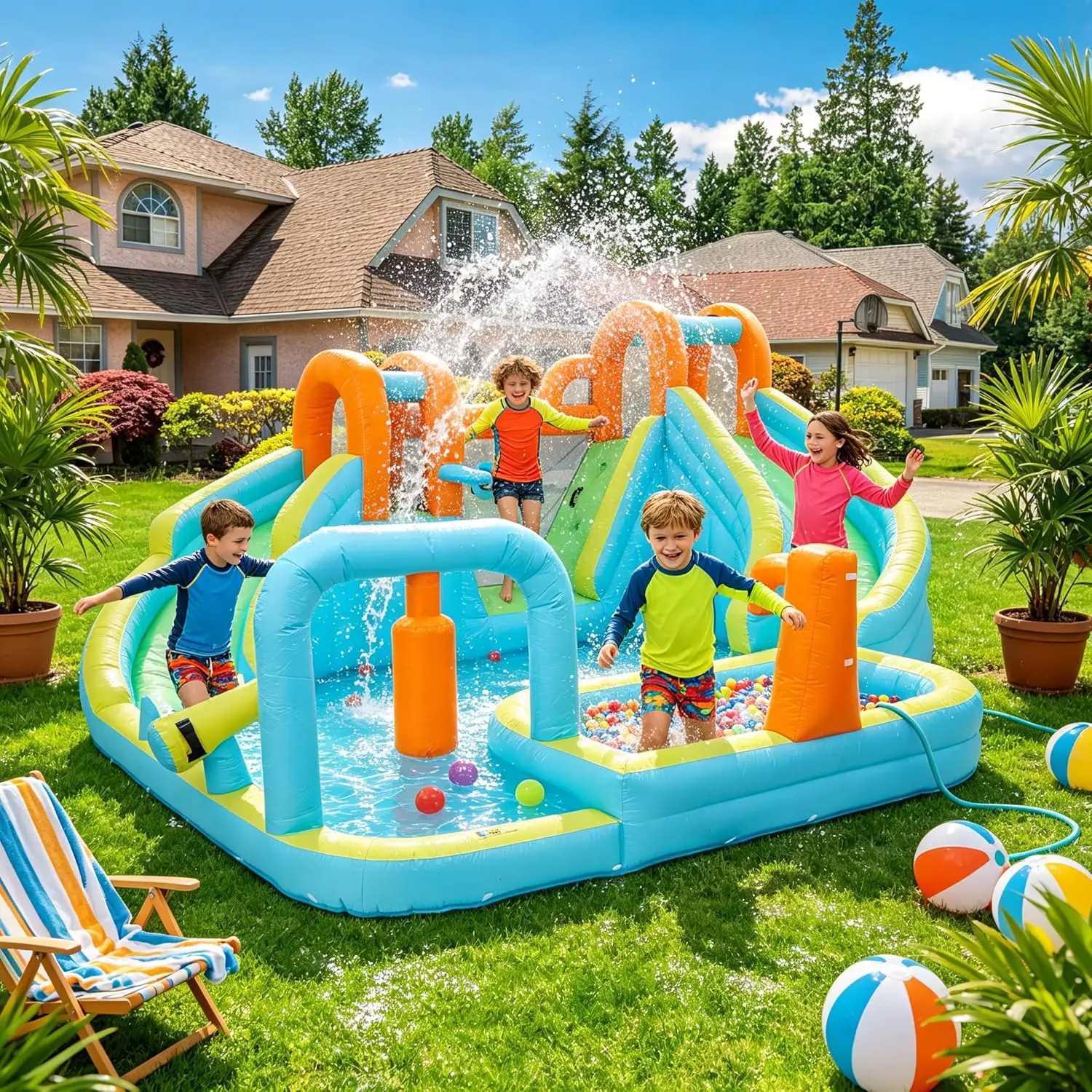 15.9ft x 14ft Giant Inflatable Bounce House with Slide and 550W Blower, 10-in-1 Water Slide Bounce House for Backyard, Huge Indoor Outdoor Bouncy Castle for Children, Jump House Water Park
15.9ft x 14ft Giant Inflatable Bounce House with Slide and 550W Blower, 10-in-1 Water Slide Bounce House for Backyard, Huge Indoor Outdoor Bouncy Castle for Children, Jump House Water Park