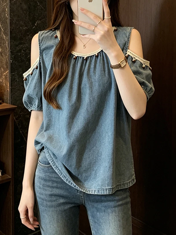 plus Size Summer New Fashion round Neck Splice Lace Short Sleeve Belly Cover Slimming Denim Top Shirt Korean Style Breathable...
plus Size Summer New Fashion round Neck Splice Lace Short Sleeve Belly Cover Slimming Denim Top Shirt Korean Style Breathable...
