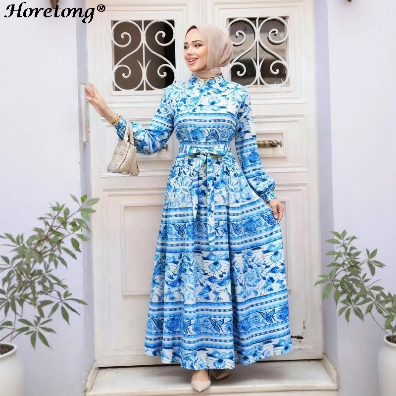 Blue White Floral Stripe Print Muslim Abaya Horetong Stand Collar Self-Tie Belted Lantern Sleeve Modest Ramadan Eid Maxi Dress
Blue White Floral Stripe Print Muslim Abaya Horetong Stand Collar Self-Tie Belted Lantern Sleeve Modest Ramadan Eid Maxi Dress
