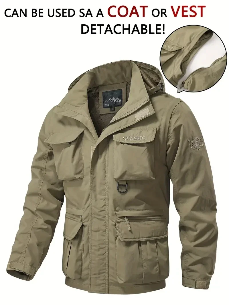 Multi Bag Cargo Jacket Vest Suitable For Outdoor Activities Work Male Men's Casual Waterproof Detachable Sleeved Hooded Jacket
Multi Bag Cargo Jacket Vest Suitable For Outdoor Activities Work Male Men's Casual Waterproof Detachable Sleeved Hooded Jacket